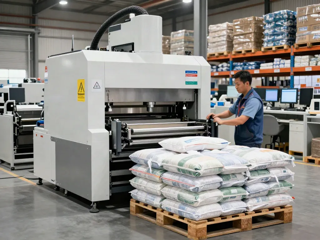 Automatic bag palletizer machine efficiently stacking bags in a busy industrial setting.
