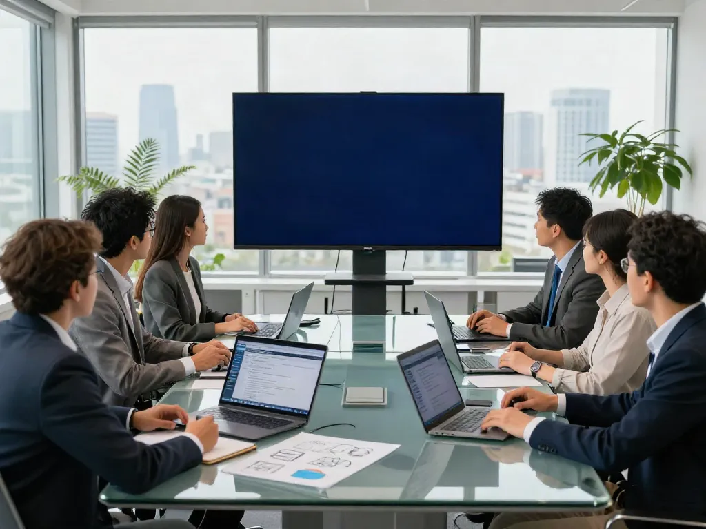 Deepfake protected meetings in a modern corporate setting with professionals discussing security strategies.