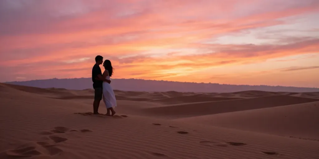 مشهد رومانسي مع زوجين في غروب الشمس على الكثبان الرملية، يجسد سكس محارم بأجواء ساحرة.