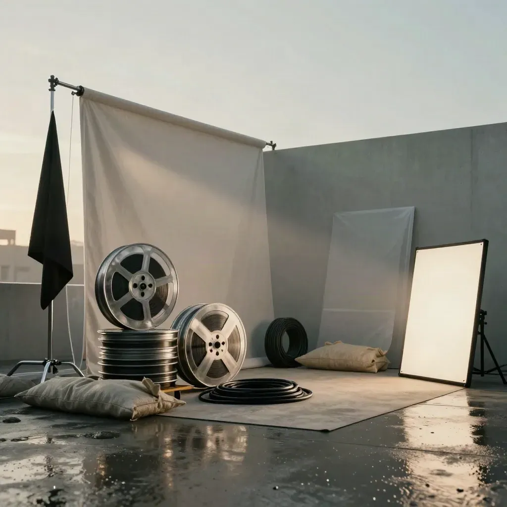 Cinematic soundstage gear under slanting daylight with haze and reels