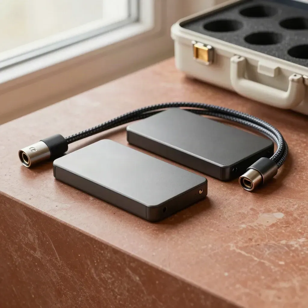 Top-down SSD drives, cables, and delivery case on stone, ready for final export.