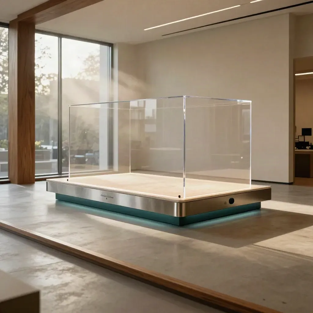 Empty showroom launch display with lit plinth, acrylic shell, teal uplights, and late sun