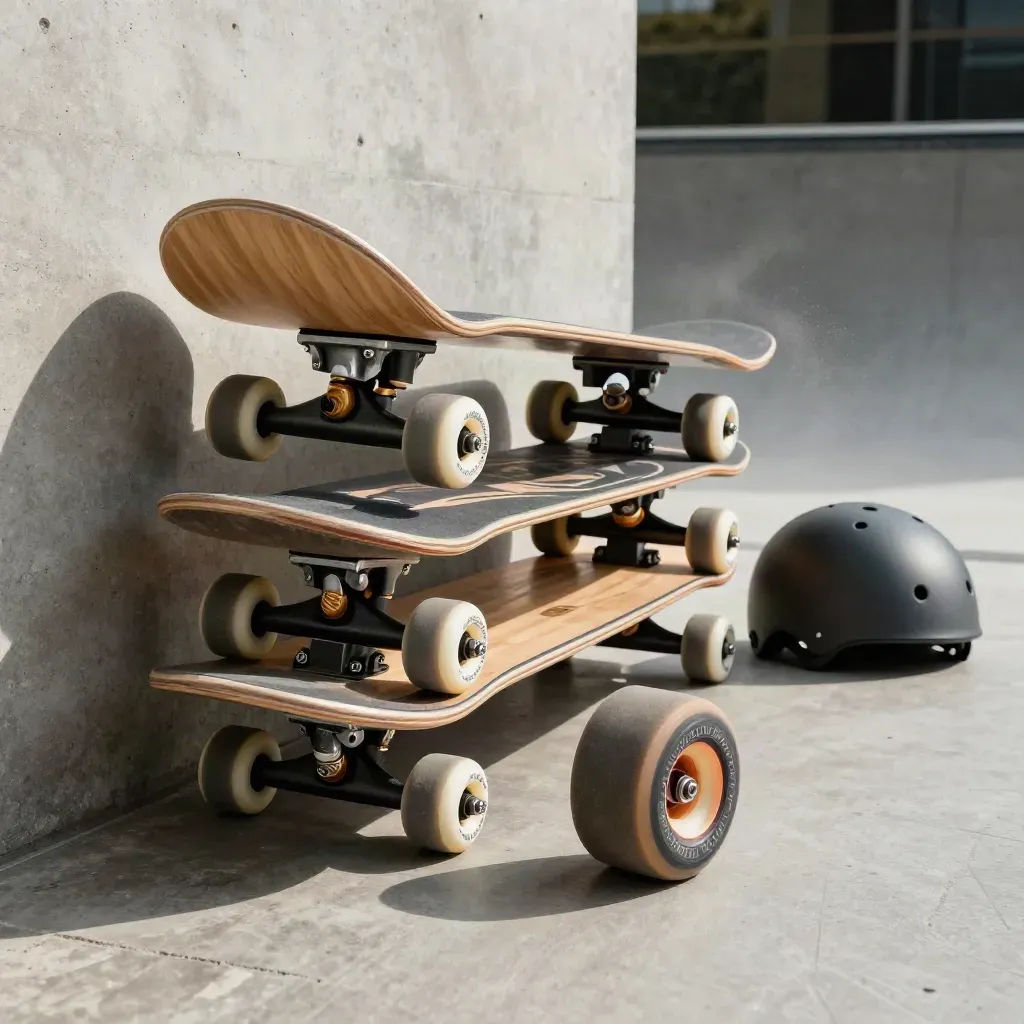 Skate decks, worn wheels, and matte gear on a raw concrete plinth in dusty daylight.