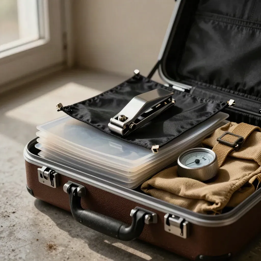 Clamp head, matte flags, gels, light meter and sandbags packed in an open road case