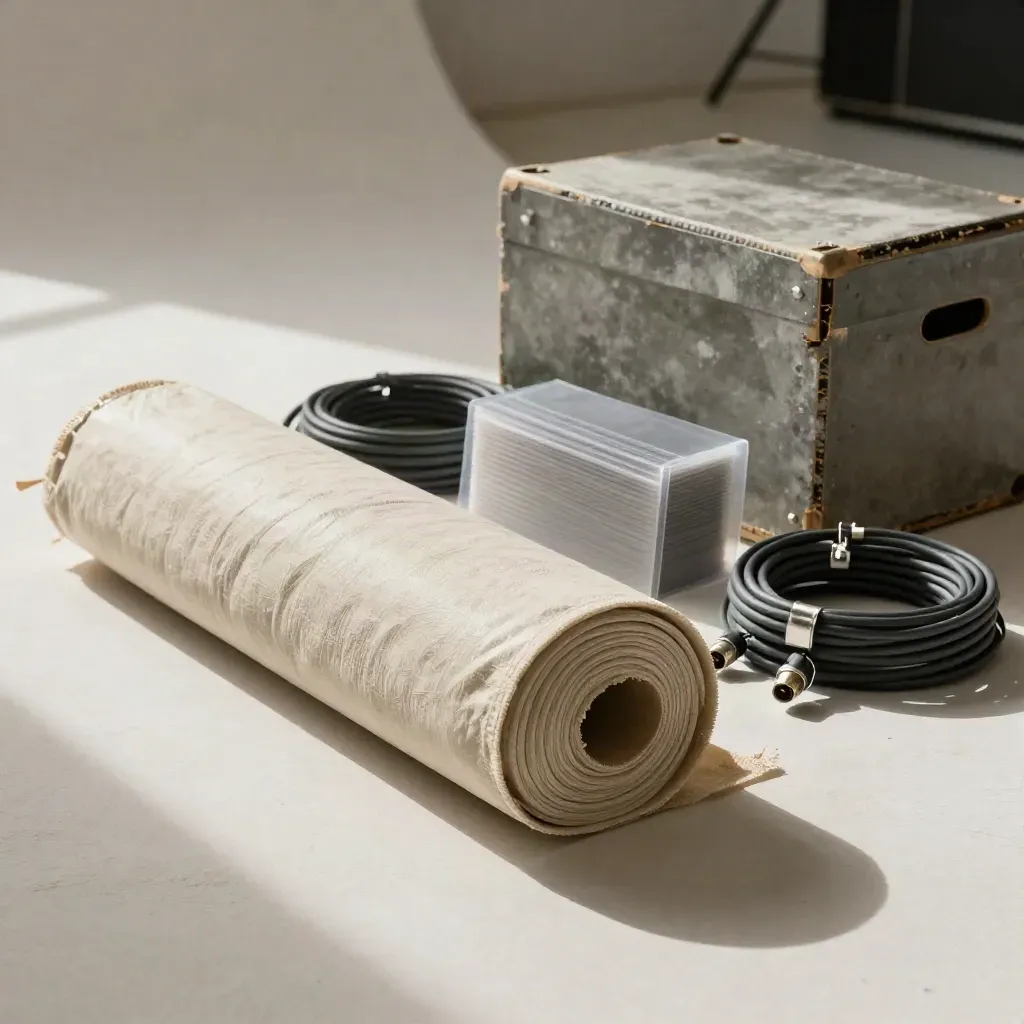 Low-angle studio still life of film set gear on a pale plaster floor, silver accents and drifting dust.