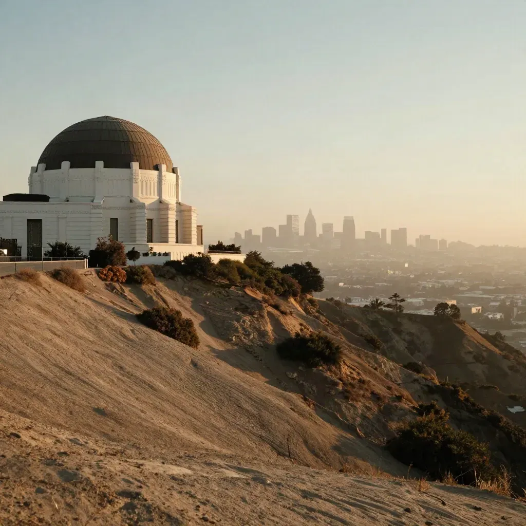 Griffith Observatory above hazy Los Angeles at golden hour, with downtown faint in the distance.