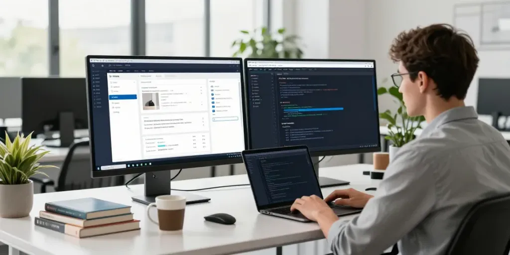 Developer using product configurator software in a modern office setting with code and design on screens.